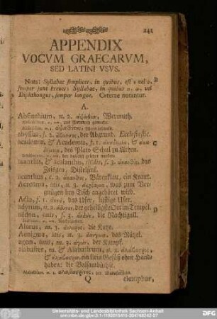 Appendix Vocum Graecarum, Sed Latini Usus.