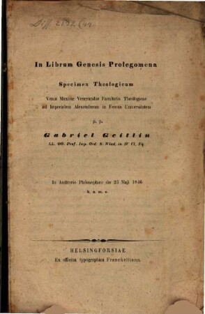 In librum Genesis prolegomena : specimen theologicum