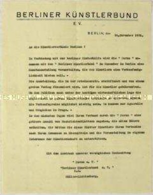 Hektografiertes Rundschreiben des Berliner Künstlerbundes zu einem Ausstellungsvorhaben mit der Künstlervereinigung "Porza" - Sachkonvolut