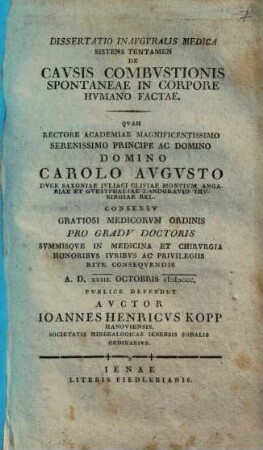 Dissertatio Inauguralis Medica Sistens Tentamen De Causis Combustionis Spontaneae In Corpore Humano Factae