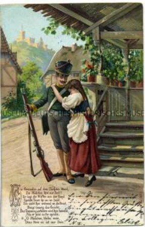 Postkarte mit Liedillustration "Ein Grenadier auf dem Dorfplatz stand"