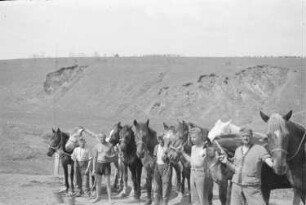 Zweiter Weltkrieg. Frontbilder. Rußland, Oblast Belgorod. Franz Grasser und andere Angehörige der deutschen Wehrmacht mit Pferden in einem Tal