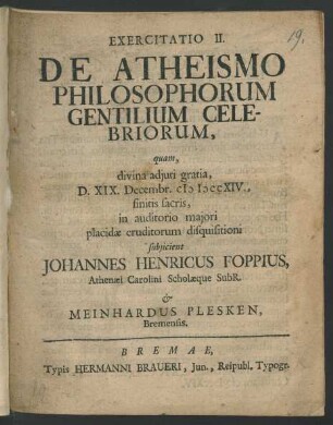 Exercitatio II. De Atheismo Philosophorum Gentilium Celebriorum