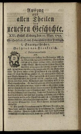 XXI. Stück. Coburg, den 20. May. 1752.