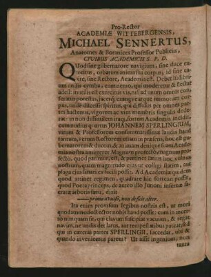 Pro-Rector Academiae Wittebergensis, Michael Sennertus, Anatomes & Botanices Professor Publicus, Civibus Academicis S. P. D.