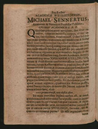 Pro-Rector Academiae Wittebergensis, Michael Sennertus, Anatomes & Botanices Professor Publicus, Civibus Academicis S. P. D.