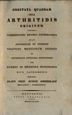 Cogitata quaedam circa Arthritidis originem : Commentatio physeo-pathologica