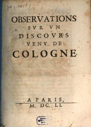 Observations sur un discours venu de Cologne