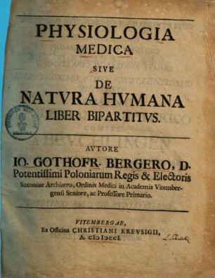 Physiologia Medica Sive De Natura Humana Liber Bipartitus