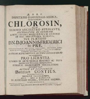 Disputatio Inauguralis Medica, Proponens Chlorosin