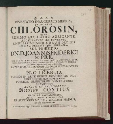 Disputatio Inauguralis Medica, Proponens Chlorosin