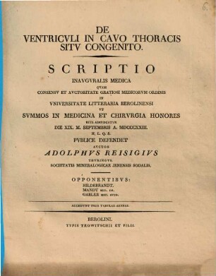 De ventriculi in cavo thoracis situ congenito : scriptio inaug. med. ; cum tab. aen. III