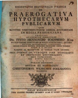 Dissertatio inauguralis iuridica de praerogativa hypothecarum publicarum