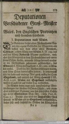 Deputationen verschiedener Groß-Meister Nach Wales, den Englischen Provintzen und fremden Ländern