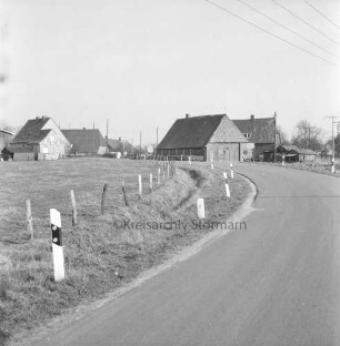 Kreisstraße Richtung Wakendorf (Kreis Segeberg): links Weiden: im Hintergrund Häuser