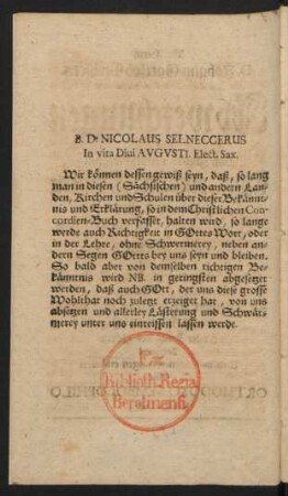 B. D. Nicolaus Selneccerus In vita Diui Augusti. Elect. Sax.