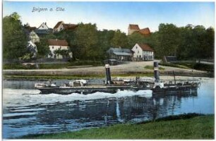 Belgern. Blick auf Belgern - Elbe mit Schlepper Adler