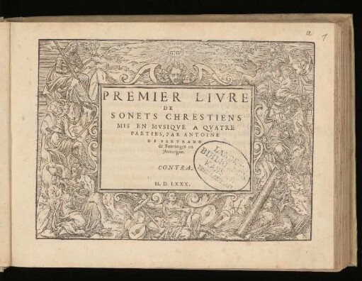 Antoine de Bertrand: Premier livre de sonets chrestiens ... a quatre parties ... Contratenor