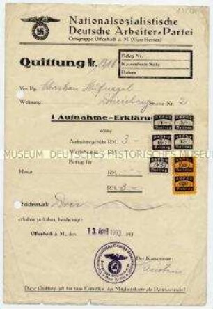 Quittung über die Aufnahmegebühr in die NSDAP - Personenkonvolut