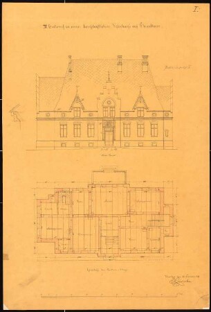Herrschaftliches Wohnhaus, Chwalkowo 3. Entwurf: Grundriss Erdgeschoss, Aufriss Südseite, Maßstabsleiste