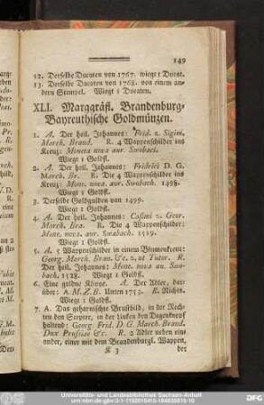 XLI. Marggräfl. Brandenburg-Bayreuthische Goldmünzen.