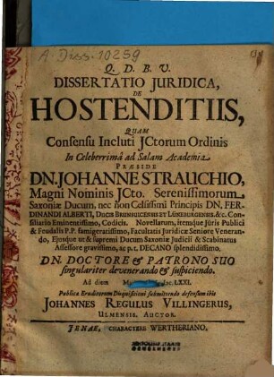 Dissertatio Iuridica, De Hostenditiis