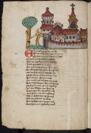 Personifiziertes Fieber und Floh vor einem Kloster; (Vom Fieber und dem Floh, Kapitel XLVIII nach Pfeiffer)