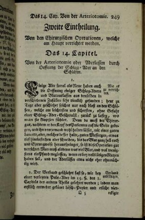 Das 14. Capitel. Von der Arteriotomie oder Aderlassen durch Oeffnung der Schlag-Ader an den Schläfen.