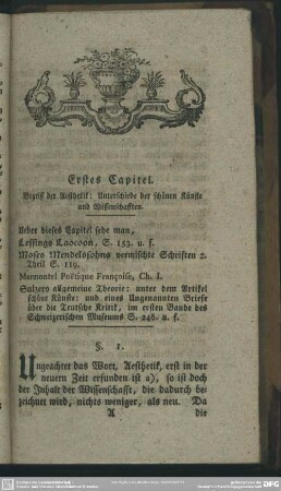 Erstes Capitel. Begriff der Aesthetik : Unterschiede der schoenen Kuenste und Wissenschafften