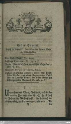Erstes Capitel. Begriff der Aesthetik : Unterschiede der schoenen Kuenste und Wissenschafften