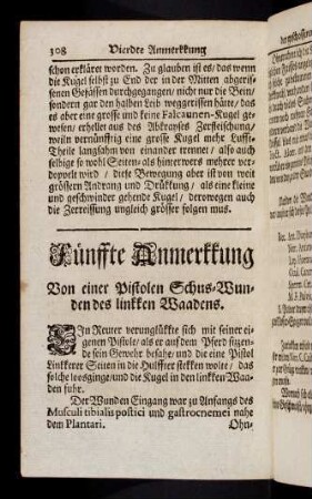 308-333, Fünffte Anmerkkung Von einer Pistolen Schus-Wunden des linkken Waadens. Sechste Anmerkkung. Einer Schus-Wunden durch den rechten Arm.