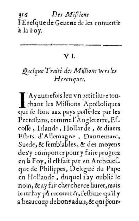 VI. Quelque Traité des Mißions vers les Heretiques