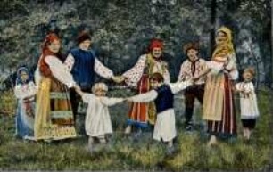 Männer Frauen und Kindern in ukrainischer Volkstracht beim Tanzen