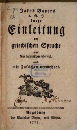 Kurze Einleitung zur griechischen Sprache