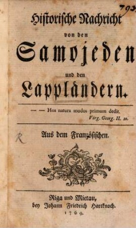 Historische Nachricht von den Samojeden und den Lappländern : Aus dem Französischen