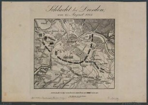 Topographische Karte von Dresden mit Symbolen zur Darstellung der aufgestellten Kampftruppen zur Schlacht bei Dresden 1813