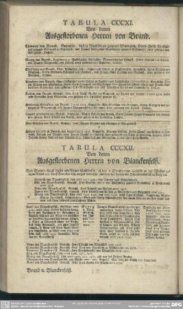 Tabula CCCXI. Von denen Ausgestorbenen Herren von Brand; Tabula CCCXII. Von denen Ausgestorbenen Herren von Blanckenfelß