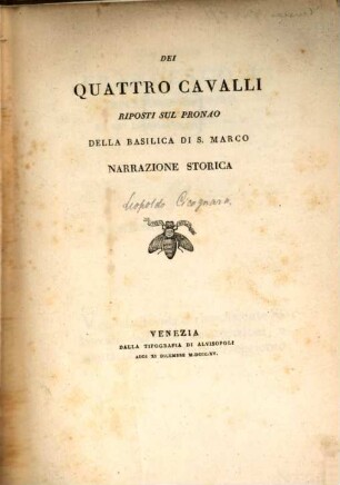 Dei quattro cavalli riposti sul pronao della Basilica di S. Marco : narrazione storica