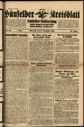 Erste Ausgabe vom Mittwoch, den 20. November 1940.