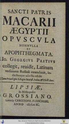 Sancti Patris Macarii Aegyptii Opvscvla Nonnvlla Et Apophthegmata