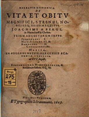Narratio historica de vita et obitu ... Joachimi à Berge in Herndorff et Claden