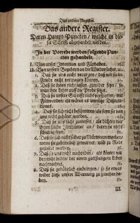 Das andere Register. Deren Haupt-Puncten / welche in dieser Schrifft abgehandelt werden.