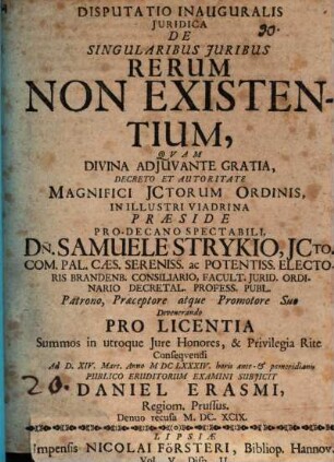 Disputatio Inauguralis Juridica De Singularibus Juribus Rerum Non Existentium