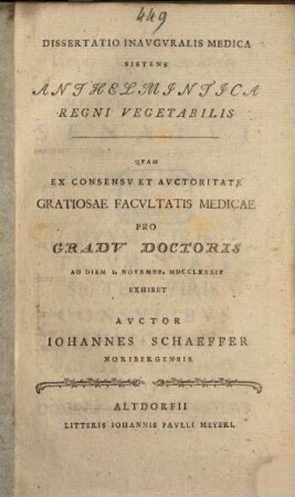 Diss. inaug. med. sistens anthelmintica regni vegetabilis