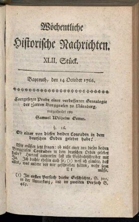 XLII. Stück. Bayreuth, den 14. October 1766.