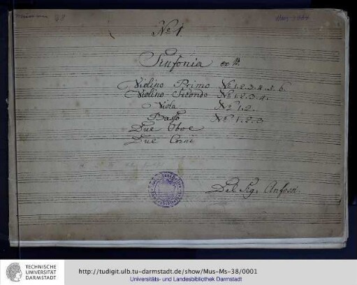 Sinfonia ex B. | Violino Primo | Violino Secondo | Viola | Basso | Due Oboe | Due Corni | Del Sig: Anfossi.