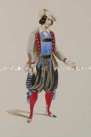 Junge Frau in Burschenkleidung (schwarze Pluderhose mit Trägern) - Tafel aus Franceschini/Kostümbilder (Kassette 1)