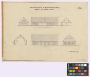 Pr[eußisch] Ströhen (Kreis Lübbecke): Rohlfings neuer Hof. - Wagen- und Maschinenschuppen (Giebel-Ansicht, Seiten-Ansicht, Querschnitt). - Scheune (Querschnitt, Seiten-Ansicht, Giebel-Ansicht)