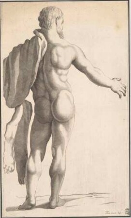 Statuette des Herkules mit Keule und Löwenfell, Ansicht von hinten, Abb. 2 aus: Disegni intagliati in rame di pitture antiche ritrovate nelle scavazioni di Resina, Neapel 1746