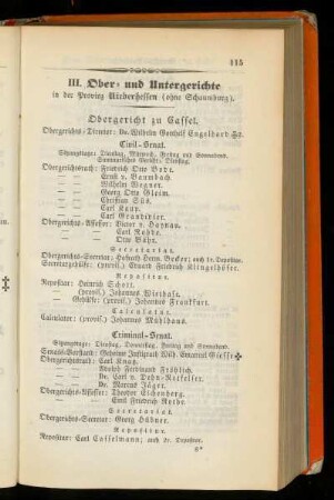 III. Ober= und Untergerichte in der Provinz Niederhessen (ohne Schaumburg).